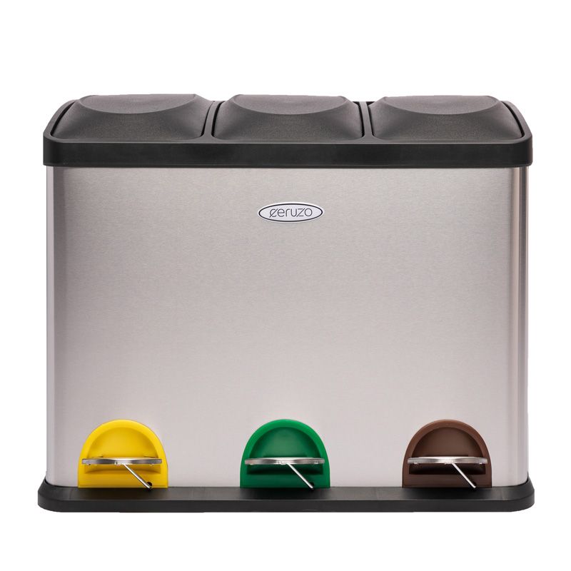 Ceruzo Stainless Steel Recycling Bin 3 Compartment Waste Separation Trash Can 3×15L - Afanaya